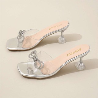 (สินค้าพร้อมส่ง🇹🇭)รองเท้าส้นสูงผู้หญิง รองเท้าโบว์เพชร สีแชม…