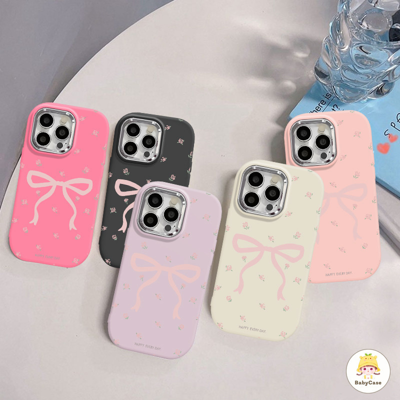 ดอกไม้โรแมนติก สีชมพูหวาน โบว์ใหญ่ เลนส์โลหะชุบอ่อน เคส Iphone 11 13 14 15 12 Pro Max 8 7 15 14 Plus X XR XS Max SE 2020