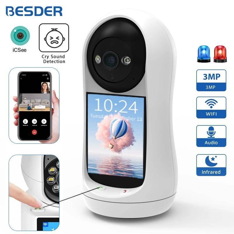 Besder 3MP PTZ Wifi กล้อง Video Call พร้อม 2.8 นิ้วหน้าจอ IPS Baby Cry Sound Detection Security กล้อง IP Baby Monitor iCSee