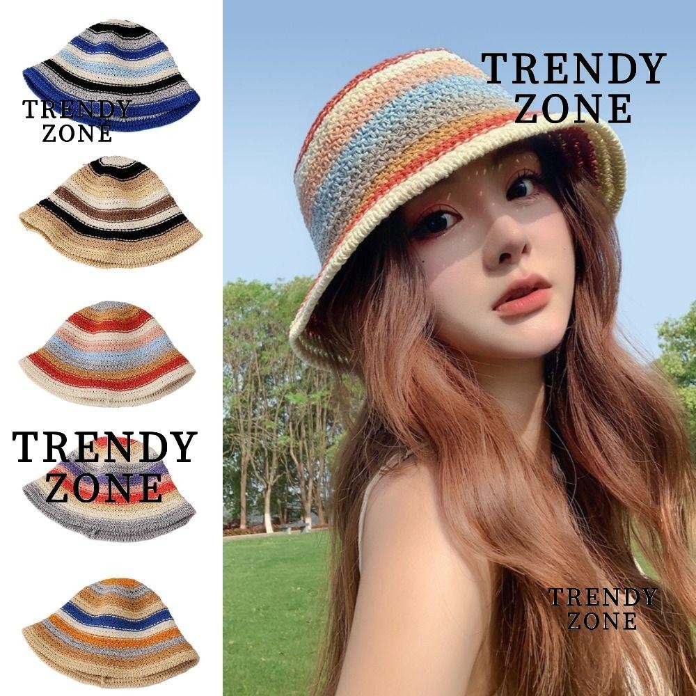 Trendyzone หมวกฤดูร้อน, หมวกชาวประมงสีตัดกันกลวง, หมวกกันแดดแฮนด์เมดถักระบายอากาศได้หวานกลางแจ้ง