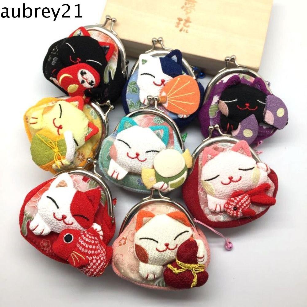 Aubrey1 Maneki Neko กระเป๋าใส่เหรียญ,สไตล์ญี่ปุ่นดอกไม้พิมพ์ Lucky Cat กระเป๋าคลัทช์,แบบพกพาตุ๊กตา PU กระเป๋าสตางค์ผู้ถือบัตรผู้ชาย