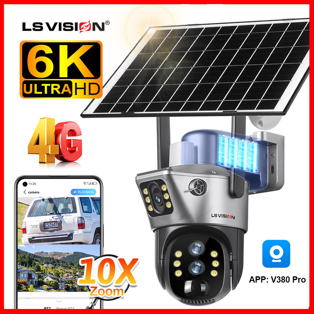 Ls Vision V380 6K 12MP 4G ซิมการ์ดหน้าจอคู่ 10X ซูมกล้องวงจรปิดพลังงานแสงอาทิตย์ไร้สาย Full Color Night Vision PTZ กล้องรักษาความปลอดภัย IP66 กันน้ํา PIR + AI Detection กล้อง IP