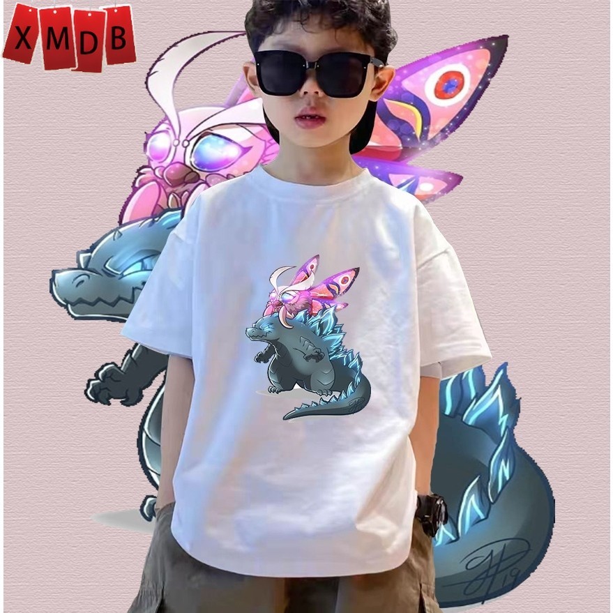 【พร้อมส่ง】เสื้อยืด เสื้อเด็ก Godzilla x King Kong ขาว t shirt  ผ้าคอตตอน ไม่หด 100-150cm T35