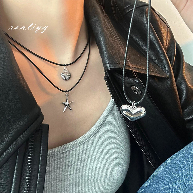 ส่งเร็ว สร้อยคอเชือกหนังจี้หัวใจปลาดาวสีเงินเรียบง่ายหวานสุดเท่เครื่องประดับสำหรับผู้หญิงของขวัญ-Ranliyy