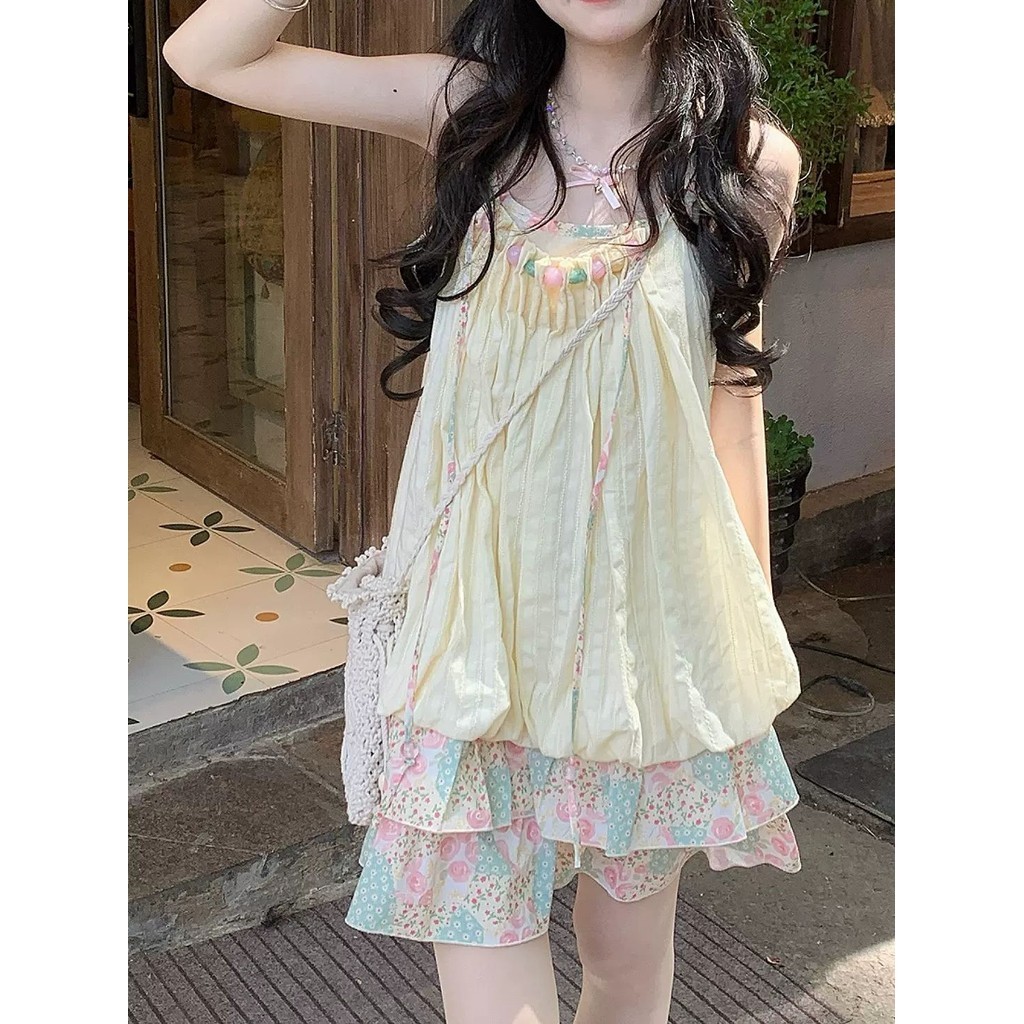 ชูราโนะชิมะ สไตล์ชาติพันธุ์สีชมพูสีเขียวดอกไม้เย็บจีบสลิงหลวมดอกไม้ ตา ชุดผู้หญิง 2024 ฤดูร้อนสไตล์ใหม่