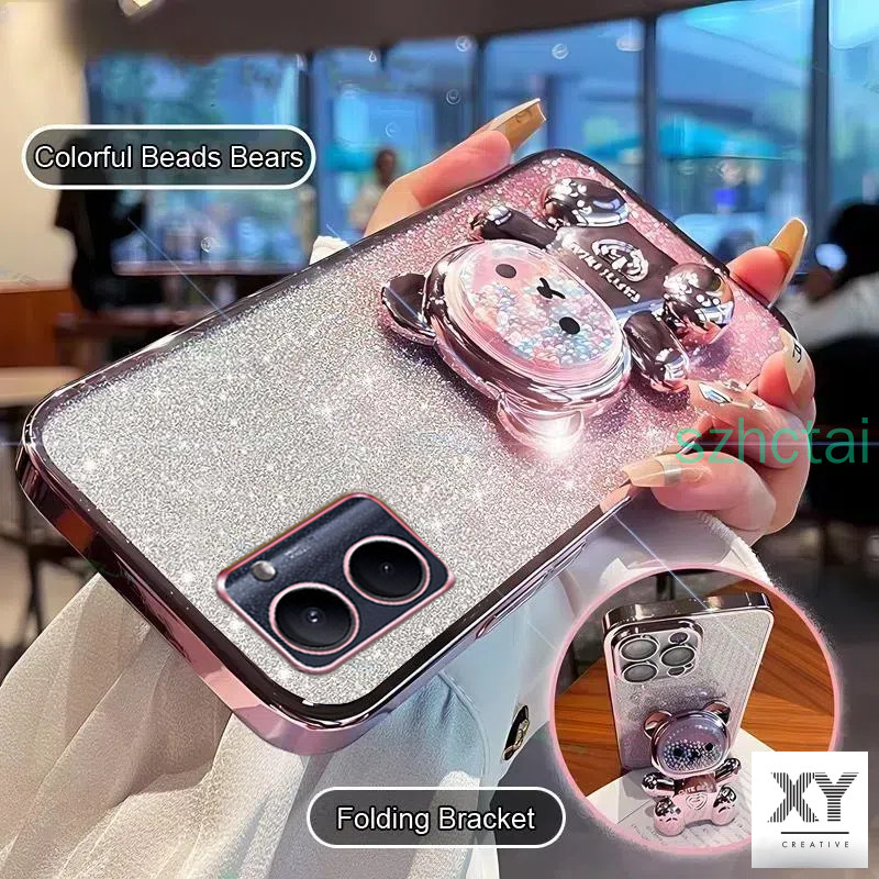 เคสโทรศัพท์ Vivo Y03 Y18 Y100 5G Y27S Y20 Y12S Y21S Y33S Y33T T1X Y31 Y51 Y53S Y30 Y17S Y27 5G Y36 5G วงเล็บหมุน 360 °เคสโทรศัพท์บรรเทาความเครียดที่มีสีสันลูกปัดหมีขาตั้งพับ เปลือกอ่อน