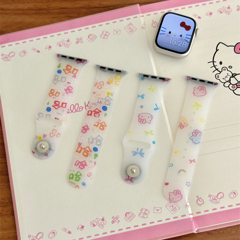 น่ารักการ์ตูน Sanrio Hello Kitty Frosted Clear Soft Silicon Band สําหรับ Apple Watch Ultra 2/1 49 มม.Series 9 S8 7 SE 6 5 4 3 2 1 (49 มม.45 มม.44 มม.42 มม.41 มม.40 มม.38 มม.) สายนาฬิกา