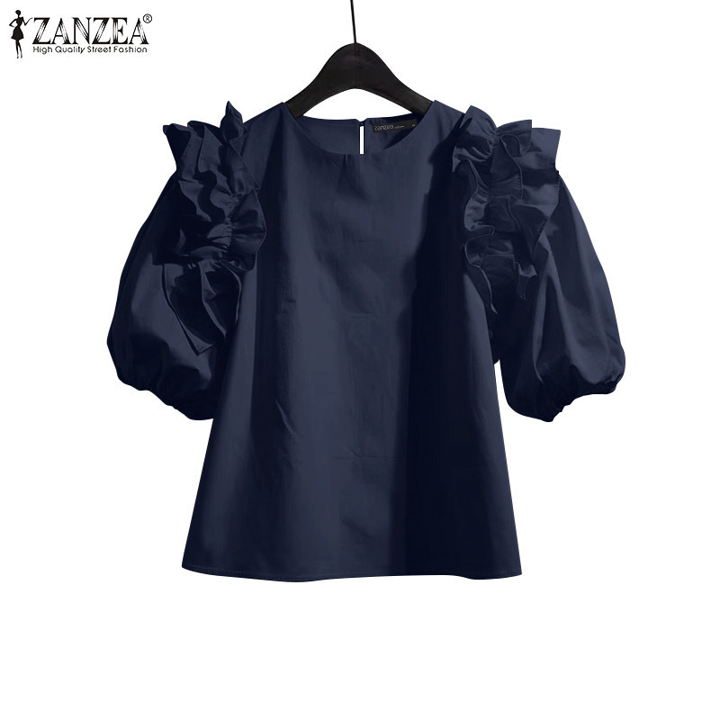 Zanzea เสื้อเบลาส์แขนสั้นคอกลมแขนพัฟแฟชั่นเกาหลีสําหรับผู้หญิง