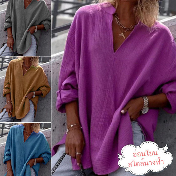 CCC เสื้อผู้หญิงยีนส์ยุโรปแบบใหม่มีแขนยาวคอเปิดสไตล์สตรี