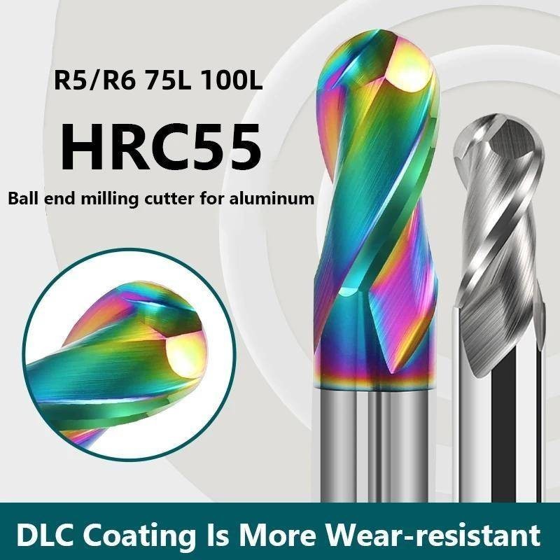 1pc HRC55 Ball Nose End Mill 2 ขลุ่ย R5-R6 75L 100L ตัดทังสเตนคาร์ไบด์ Router Bit CNC กัดอลูมิเนียม/ทองแดง