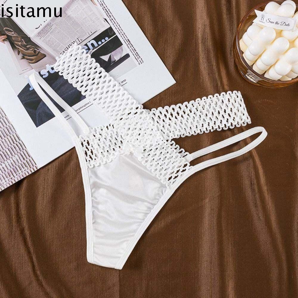 Isitaft Hollow Out Thongs, เอวต่ําสไตล์ฝรั่งเศสกางเกงผ้าไหมซาติน, Simple Bowknot กางเกง Cross Strap ผู้หญิงตาข่ายกางเกงสาว