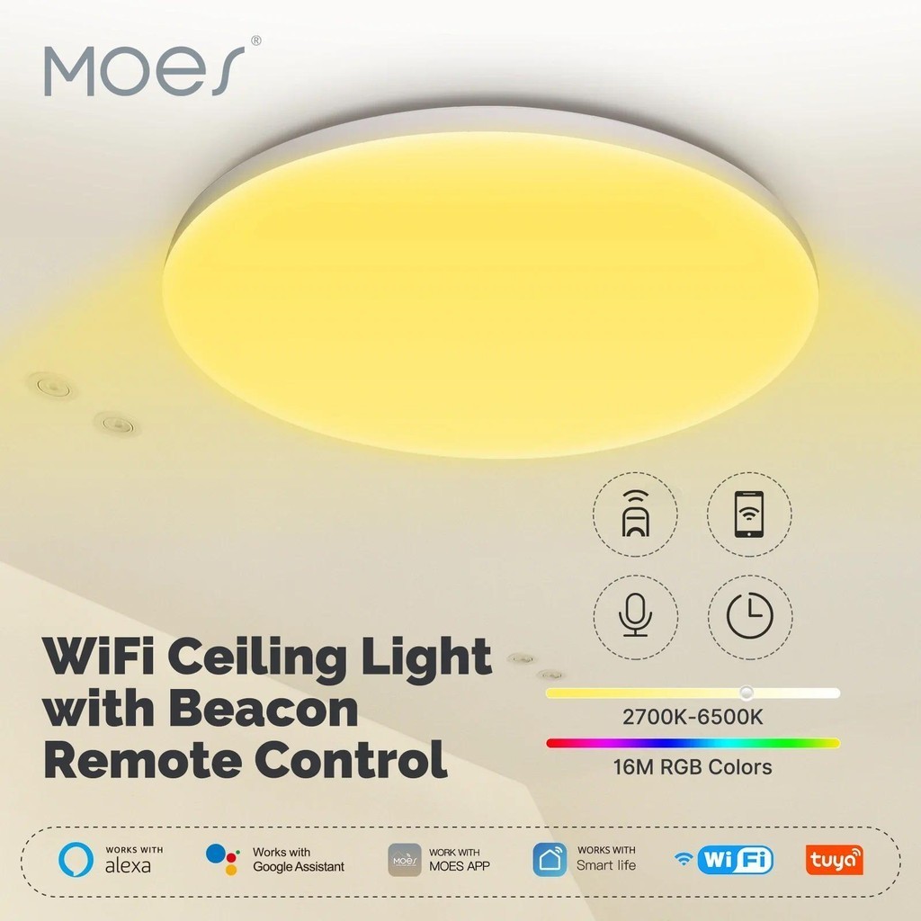Moes Tuya 24W WiFi ไฟเพดานโคมไฟสมาร์ทบลูทูธพร้อม Beacon รีโมทคอนโทรลทํางานร่วมกับ Alexa Google Home