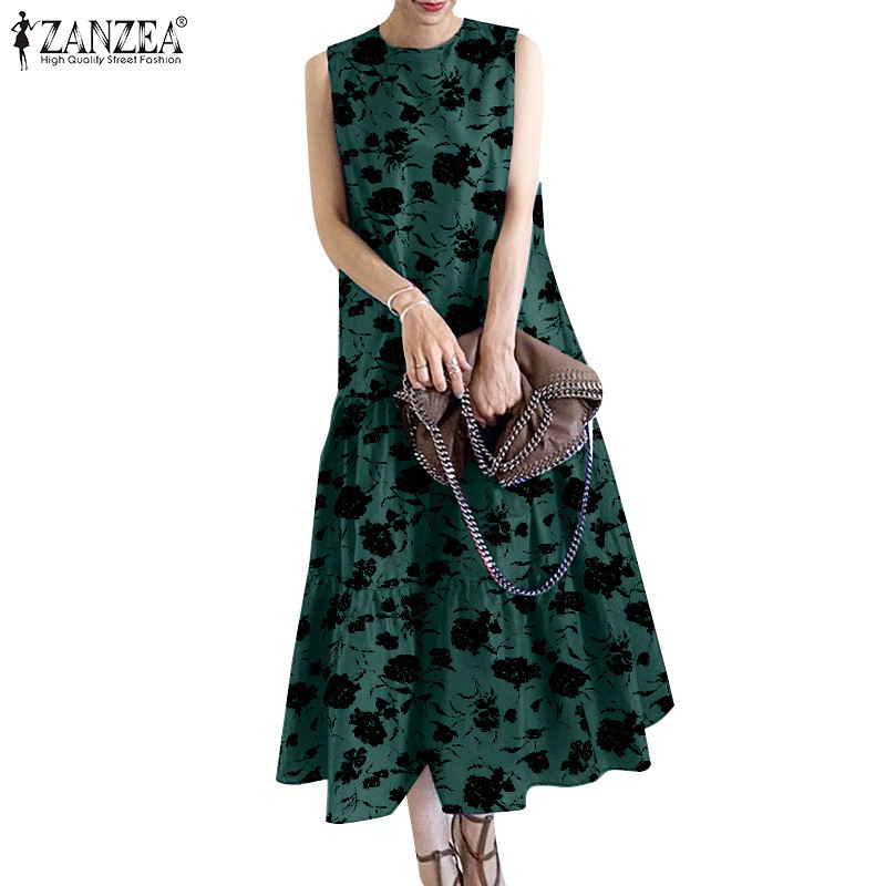 Zanzea ปุ่มพิมพ์อารมณ์ผู้หญิงไม่มีเดรสแขนกุดกระเป๋า