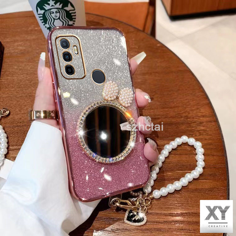 เคส OPPO A53 A33 แวววาว เปลือก ล้างเปลือกหอยมุกโบว์กระจกแต่งหน้า พร้อมสร้อยข้อมือสําหรับเด็กผู้หญิง เคสโทรศัพท์ OPPO A53 A33