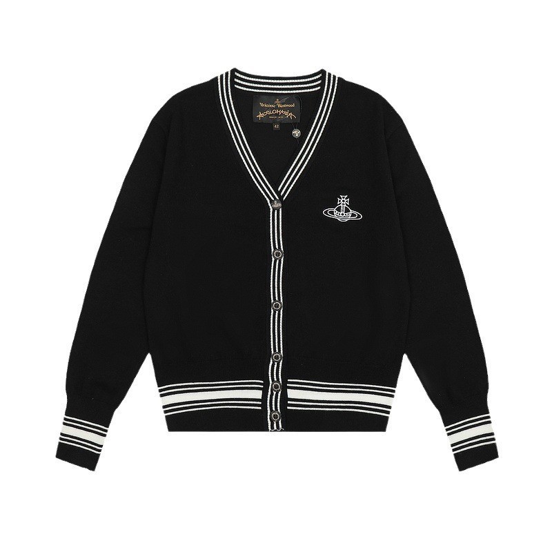 Vivienne Westwood Four Seasons Thin Transport Saturn V คอสไตล์ขี้เกียจปักตัวอักษรเสื้อกันหนาวคาร์ดิแกน