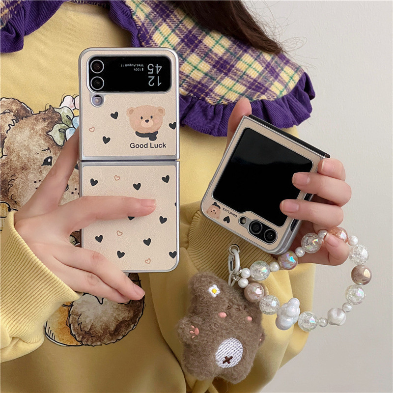 เคสโทรศัพท์มือถือพับได้สำหรับ Samsung Galaxy zflip3/4/5/6 ที่มีลวดลายหัวใจน่ารักและตุ๊กตาหมีน่ารัก