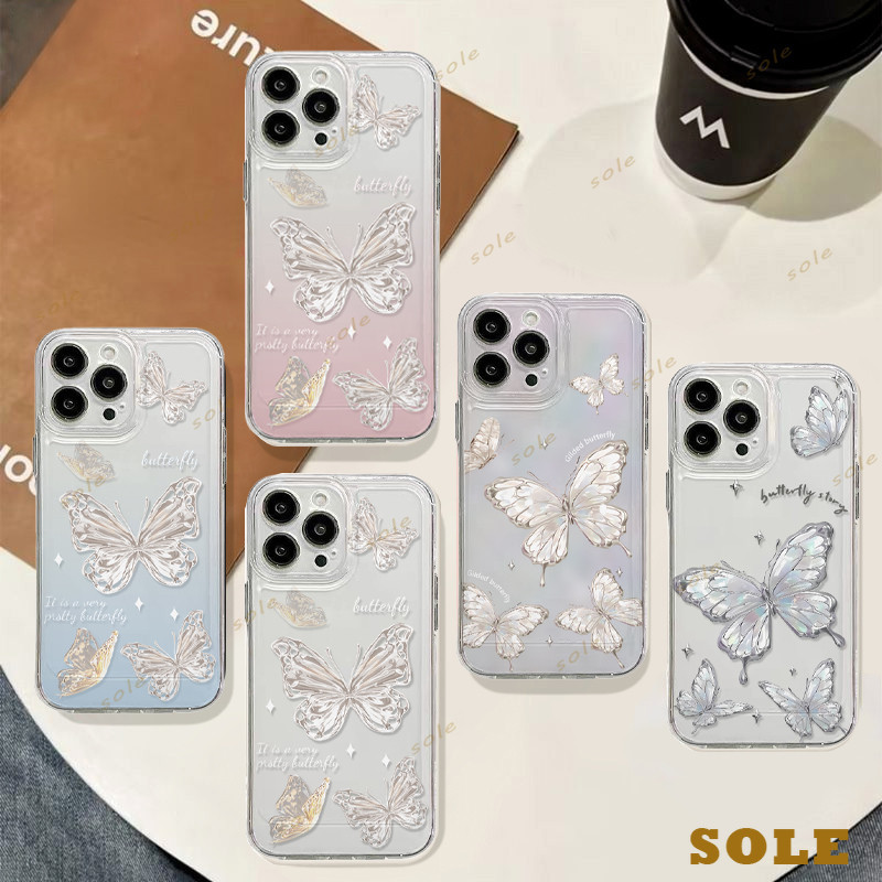 Sole เคสไอโฟน15promax เงางาม สวย รูปแบบผีเสื้อ iPhone11promax 13 15 14 12 7P 8Plus X XR XSMax SE2020 กรณีซิลิโคนนุ่ม