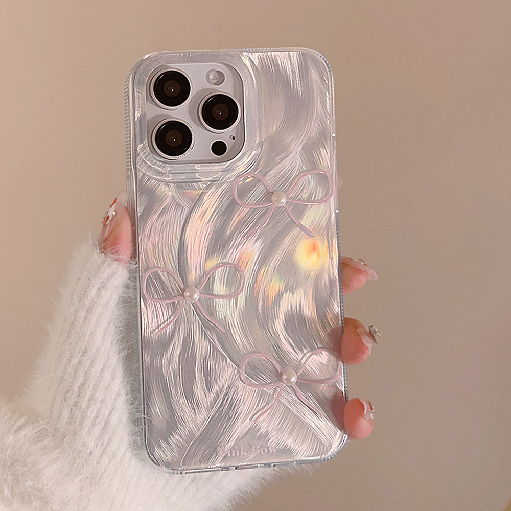 Ins พรีเมี่ยมมุกสีชมพูโบว์เส้นด้ายขนนกนุ่ม Anti-Fall เคสโทรศัพท์สําหรับ iPhone 16 Promax 15 Promax 12 13 Mini 14plus 11 Pro Max X XS XR XS Max 7 8 plus Se2020 6G 6Plus