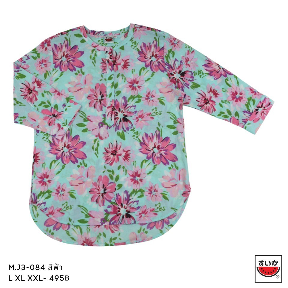 เสื้อแตงโม (SUIKA) - เสื้อผ้าป่านมัสลิน คอจีนเล็ก กระดุมหน้า 4 เม็ด แขนสามส่วน ลายดอกไม้ ( M.J3-084 )