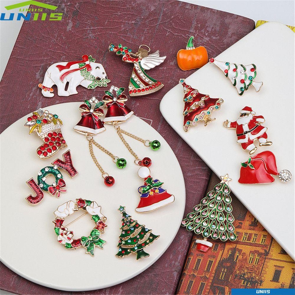 Uniis เข็มกลัดคริสต์มาสต้นคริสต์มาสปีซานตาคลอส Rhinestone ตกแต่งคริสต์มาส