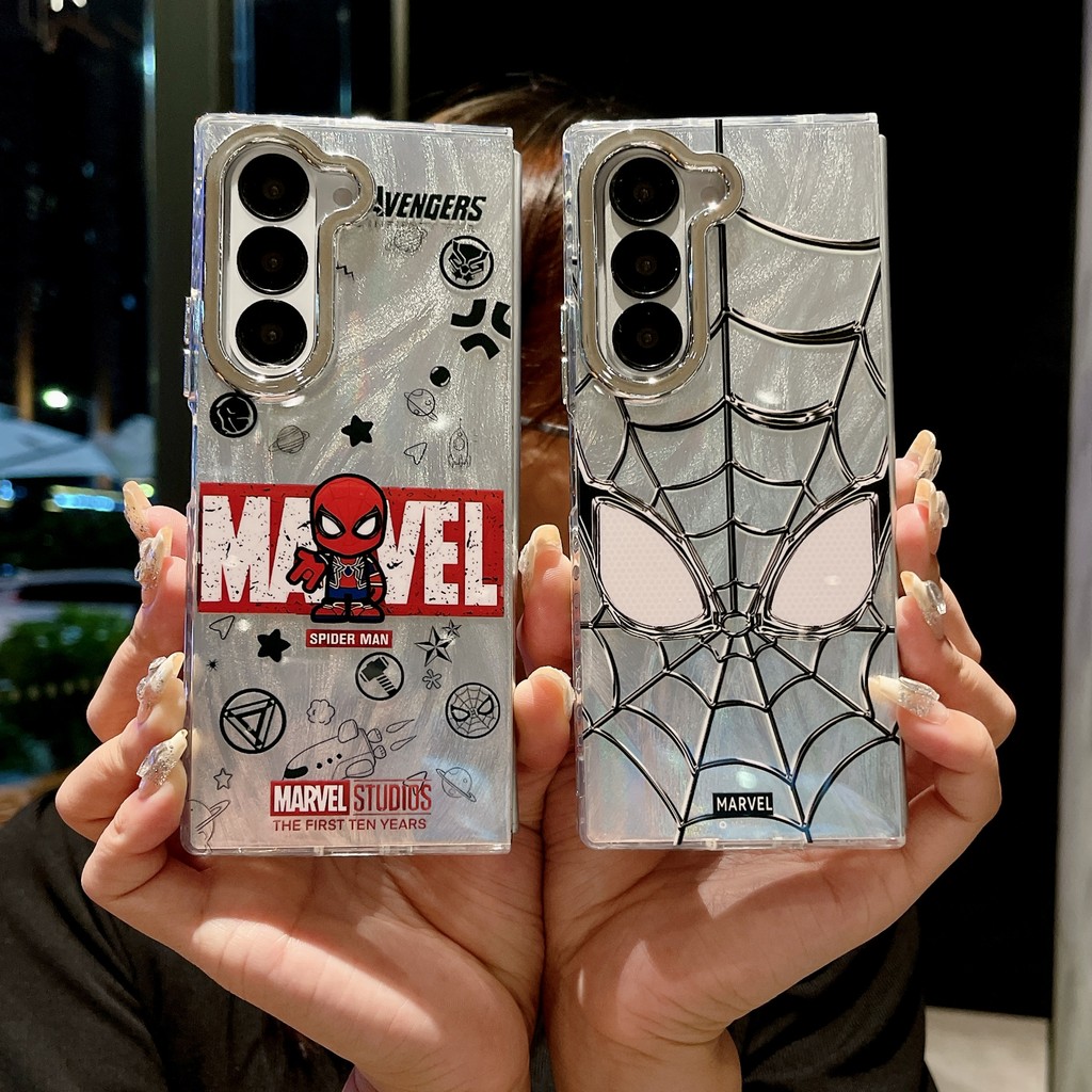 สําหรับ Samsung Galaxy Z Fold6 พรีเมี่ยมหรูหรา IMD ออกแบบเฉพาะพับสําหรับ Galaxy Z พับ 3 4 5 6 5G แฟชั่น Spiderman รูปแบบเงินโปร่งใสกันกระแทกเคสโทรศัพท์