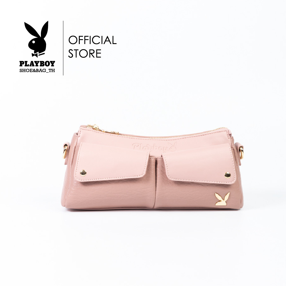 Playboy August Bag กระเป๋าสะพายข้างผู้หญิง ST-B243PB576 ดีไซน์ทรง คาร์โก้ กระเป็าคู่หน้าปั้มLogo มี 2สี ครีมและชมพู