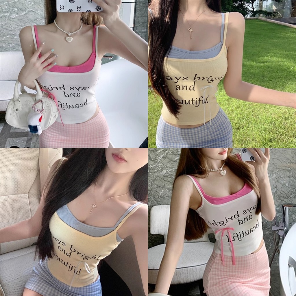 Bonnie ​เสื้อสายเดี่ยว มีฟองน้ำ แต่งเย็บสองชั้นน่ารักสุดๆ สกีนตัวอักษร เสื้อแขนกุด ผู้หญิง สไตล์ y2k หลากสี#FY753