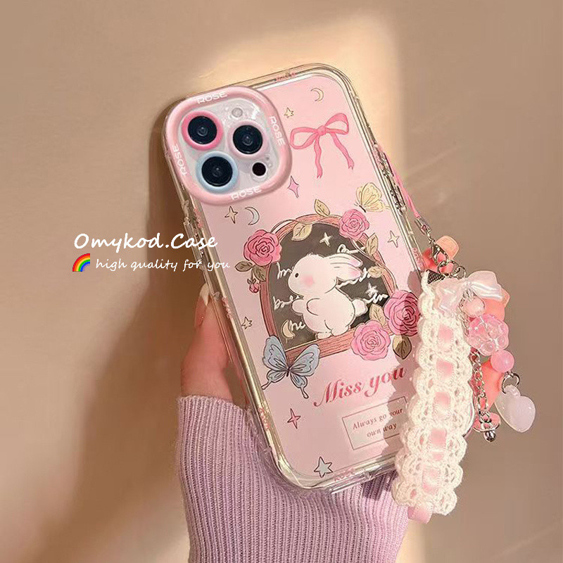 เข้ากันได้กับ IPhone 16 11 15 14 13 12 Pro Max 16 7 8 Plus XR XS Max ดอกไม้สีชมพูกระต่ายการ์ตูน Avocado เคสโทรศัพท์ + โซ่ Anti Drop ป้องกันปกหลัง – โปรปัง