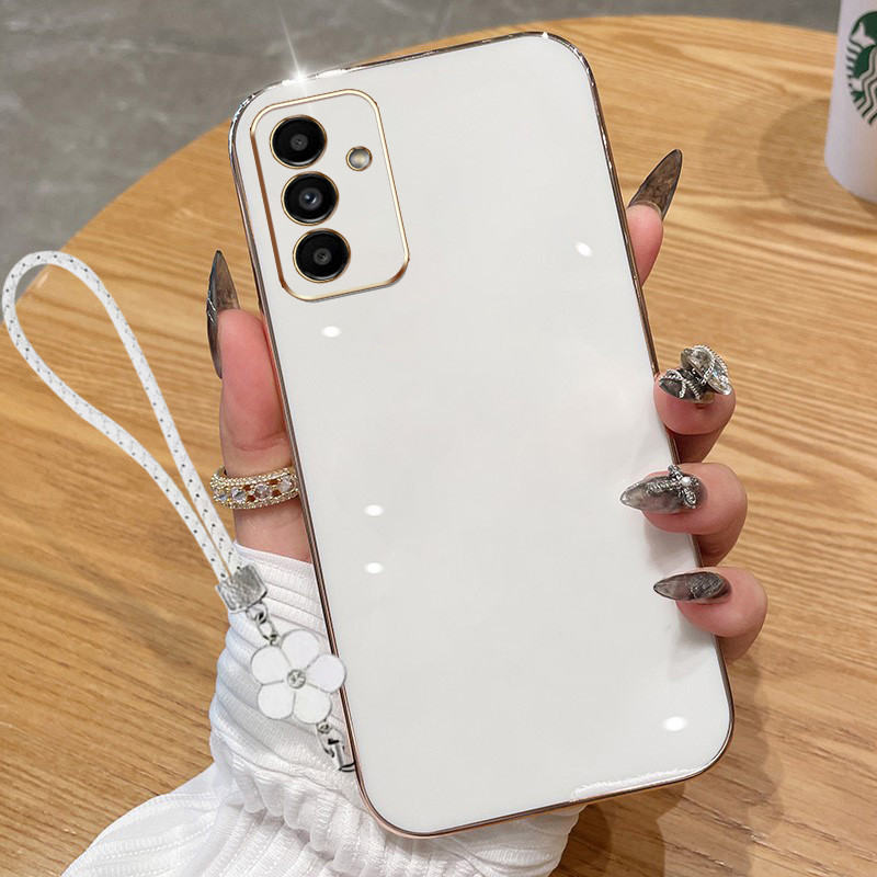 SAMSUNG สําหรับsamsung Galaxy A55 A35 A25 A54 A34 A16 5G A15 A14 A13 4G 5G A24 A04S 4GหรูหราElectroplatedตรงขอบซิลิโคนนุ่มโทรศัพท์ป้องกันกรณีดอกไม้แขวนเชือก