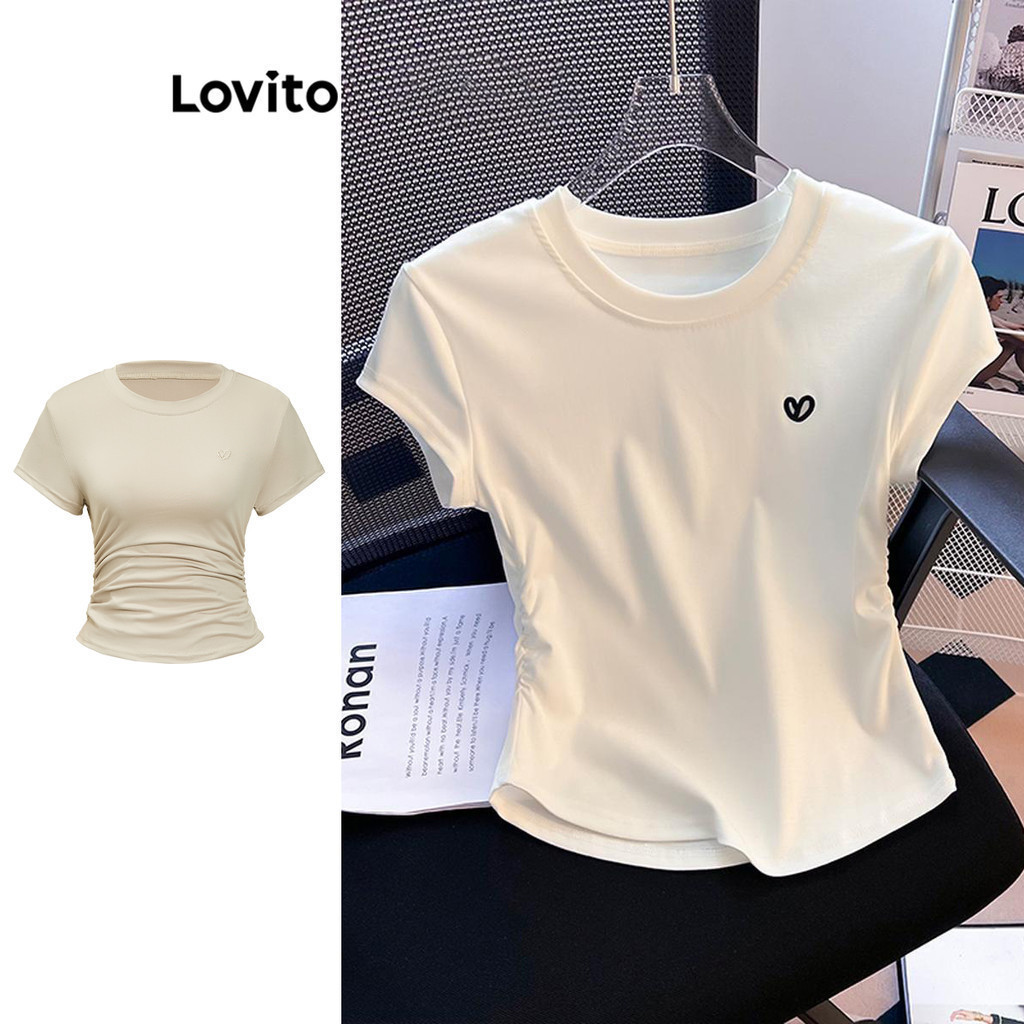 Lovito เสื้อยืดผู้หญิง แต่งจีบ สีพื้น สไตล์ลำลอง LNE39028 (หลากสี)