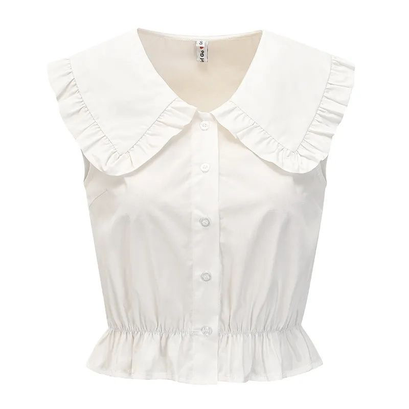 เสื้อเชิ้ตแขนสั้นคอตุ๊กตาสำหรับผู้หญิงเสื้อเชิ้ตตัวสั้นจับจีบสไตล์เกาหลีใส่แล้วดูผอมเก็บเอวแบบใหม่ฤด