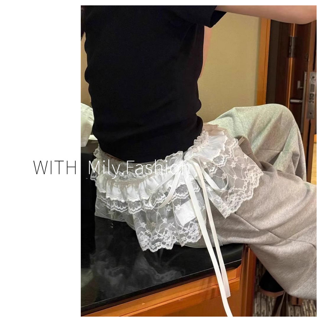 Milyfashion กระโปรงเย็บลูกไม้ผ้าโปร่งสีขาวสไตล์บัลเล่ต์คลุมสะโพกเป็นชั้นพร้อมกางเกง