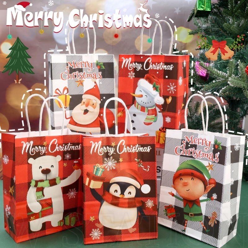 กระเป๋าถือกระดาษคราฟท์คริสต์มาส 3 ชิ้น - กระเป๋าปาร์ตี้คริสต์มาส - Santa Claus, Penguin, Checkered Patterns - ถุงบรรจุภัณฑ์คุกกี้ลูกกวาด - แบบพกพา, Party Decor