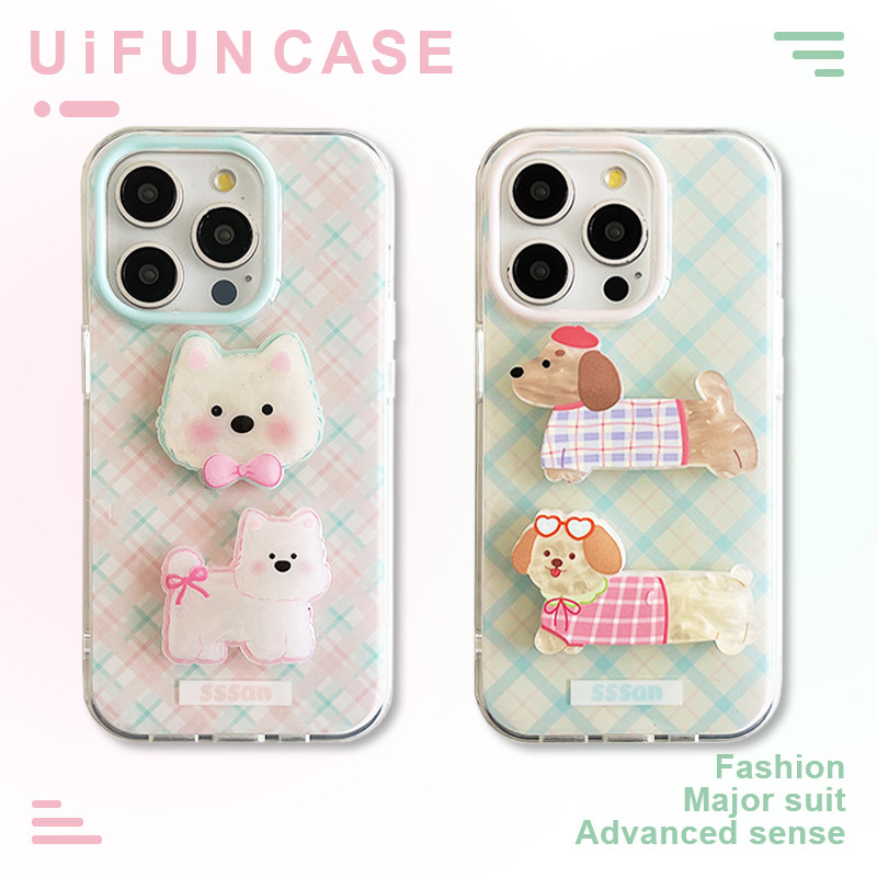 คุณภาพสูง Lingge Stripes น่ารัก 3D Bowknot สุนัขเคสโทรศัพท์สําหรับ iPhone 16 15 14 13 12 Pro Max 16Promax Big Hole IMD ปกหลังสกปรกทนปลอก