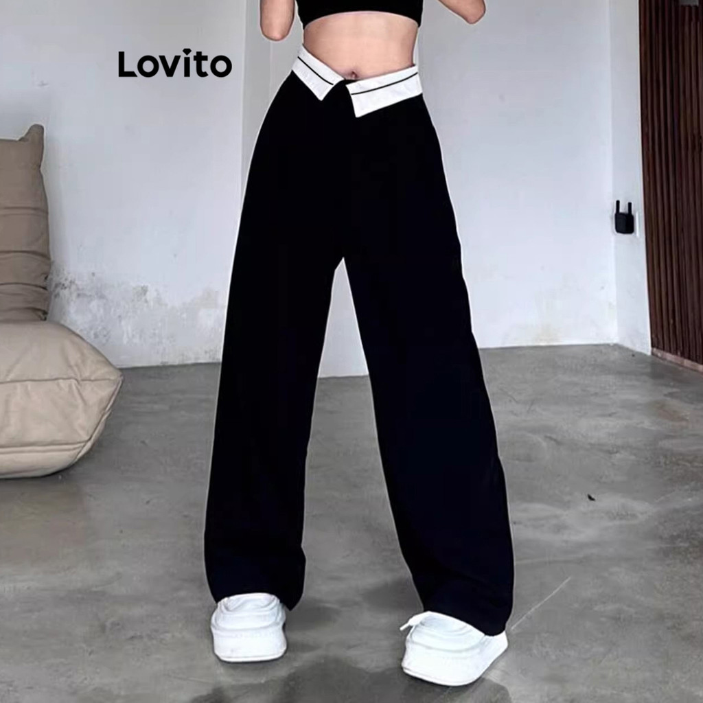 Lovito กางเกงขายาวผู้หญิง คัลเลอร์บล็อก มีซิป สีพื้น สไตล์ลำลอง LNE66409