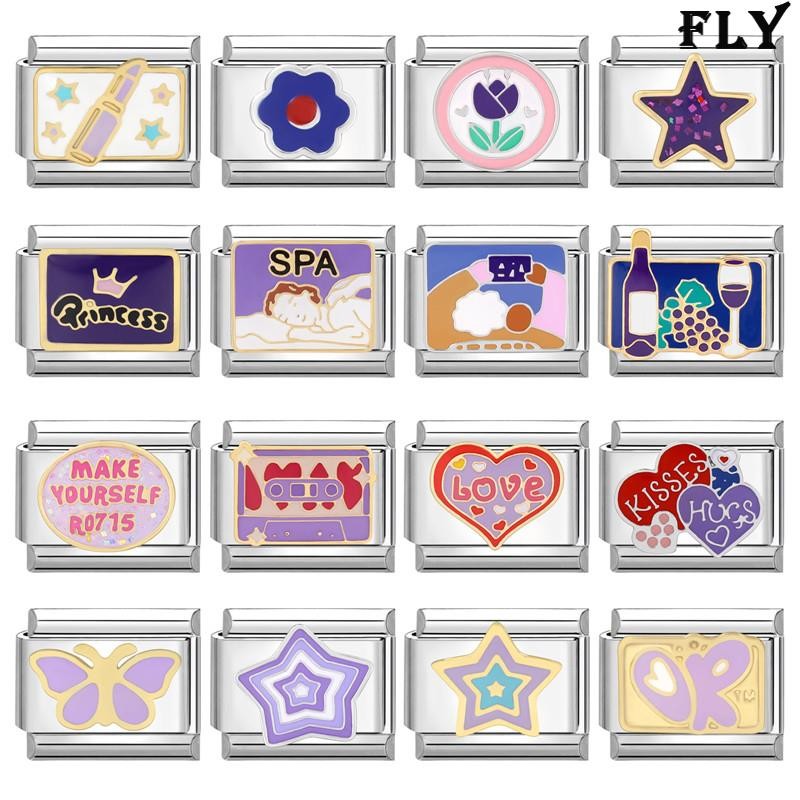 ชุดสีม่วงอิตาเลี่ยน Charm สร้อยข้อมือ Fit 9 มม.สร้อยข้อมือสแตนเลส DIY เครื่องประดับทําอุปกรณ์เสริม Retro บุคลิกภาพโมดูลสร้อยข้อมืออุปกรณ์เสริม