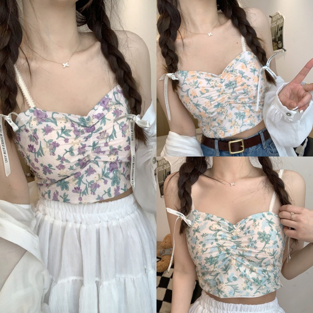Bonnie เสื้อสายเดี่ยว มีฟองน้ำ ครอปสั้น ลายดอก ระบายลูกไม้น่ารักสดใส เสื้อกล้ามผู้หญิง หลากสี ส่งไวจากไทย#19100-H