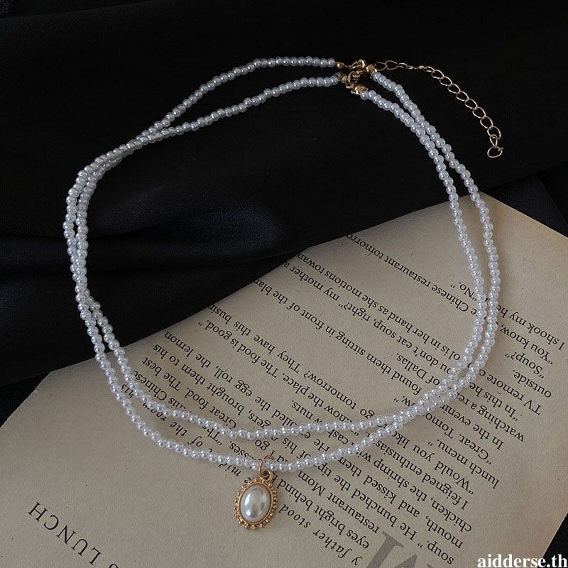 aidderse.th Double Pearl Necklace Water Drop Clavicle Chain-