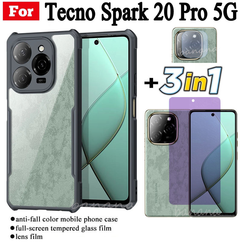 3 ใน 1 Tecno Spark 20 Pro 5G เคสโทรศัพท์กันกระแทกสําหรับ Spark 20C Go 2024 2023 Anti-blue Ray กระจกนิรภัยและฟิล์มเลนส์