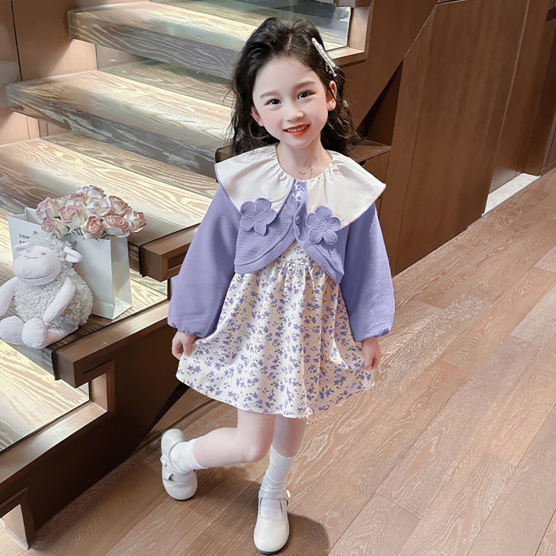 สาวน้อยชุดดอกไม้ฤดูใบไม้ผลิและฤดูใบไม้ร่วงทารกเจ้าหญิงใหม่คาร์ดิแกนปลอมสองชิ้นชุดผ้าฝ้ายเด็กวันหยุดวันเกิดชุดแต่งงานเต็มปี