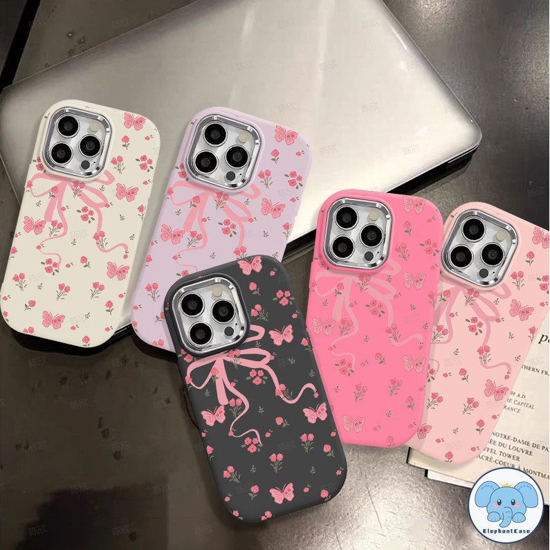 โบว์ผูกดอกกุหลาบหรูหราเคสเลนส์โลหะเข้ากันได้กับเคสไอโฟน11 13 XR 15 14 12 ProMax 8 7 14 15 Plus X XS Max SE2020 ปกผีเสื้อ