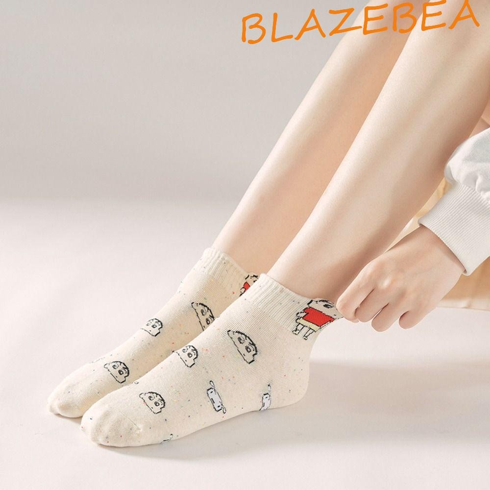 Blazebea Crayon Shin Chan ถุงเท้าข้อเท้าผ้าฝ้าย, จุดเย็บปะติดปะต่อกันเครยอนชินจังถุงเท้าสั้น,หวานหญิงร้านขายชุดชั้นในสไตล์เกาหลีสุนัขสตรีการ์ตูนอะนิเมะถุงเท้าStreetwear