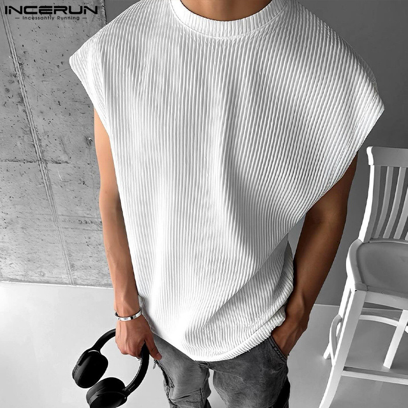 ไม่แน่นอน ผู้ชายวินเทจลําลองรอบคอสีทึบเสื้อกล้ามแขนกุด