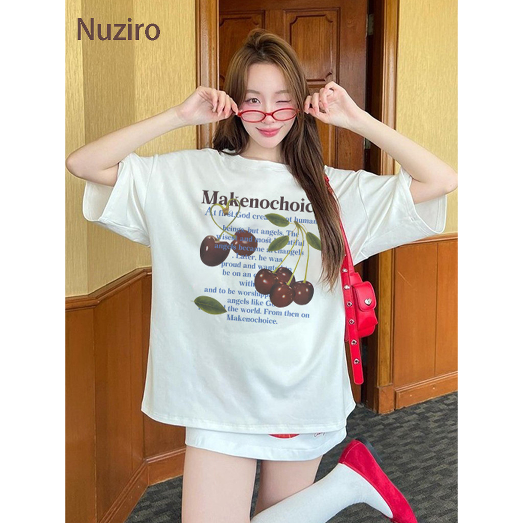Nuziro เสื้อยืด oversize - ตัวอักษรเชอร์รี่ที่เรียบง่ายและทันสมัยพิมพ์เสื้อยืดแขนสั้นสำหรับสุภาพสตรี #I419