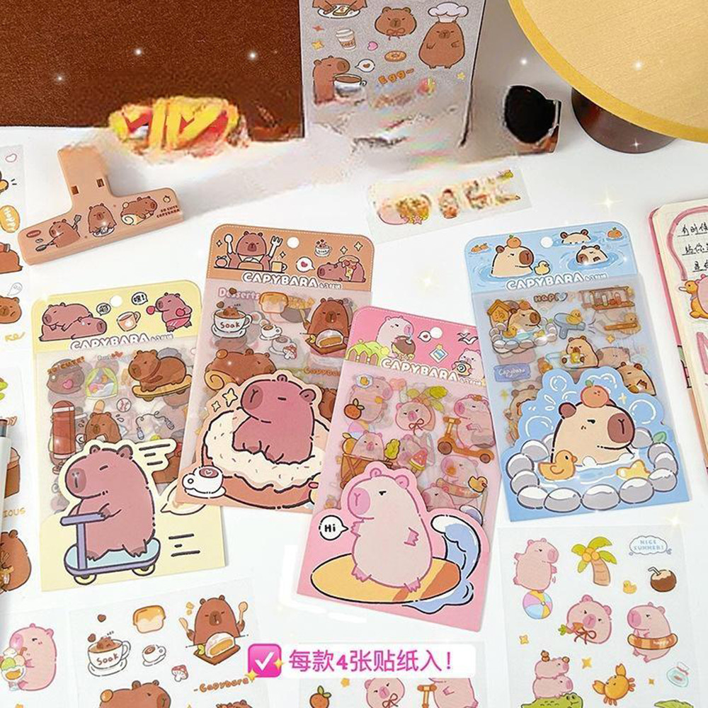 4 แผ่นน่ารัก PET Capybara สติกเกอร์ Scrapbooking คู่มือวัสดุ DIY สติกเกอร์ตกแต่งเครื่องเขียน