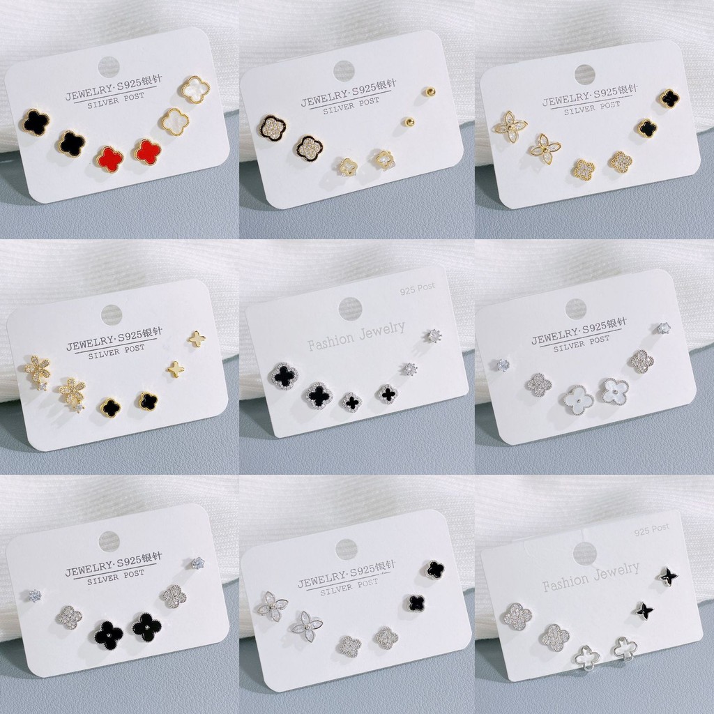 ต่างหู ทองแดงชุบทองจริงประณีตไมโครฝังโคลเวอร์สี่ใบหนึ่งการ์ดสามคู่ต่างหูผู้หญิง