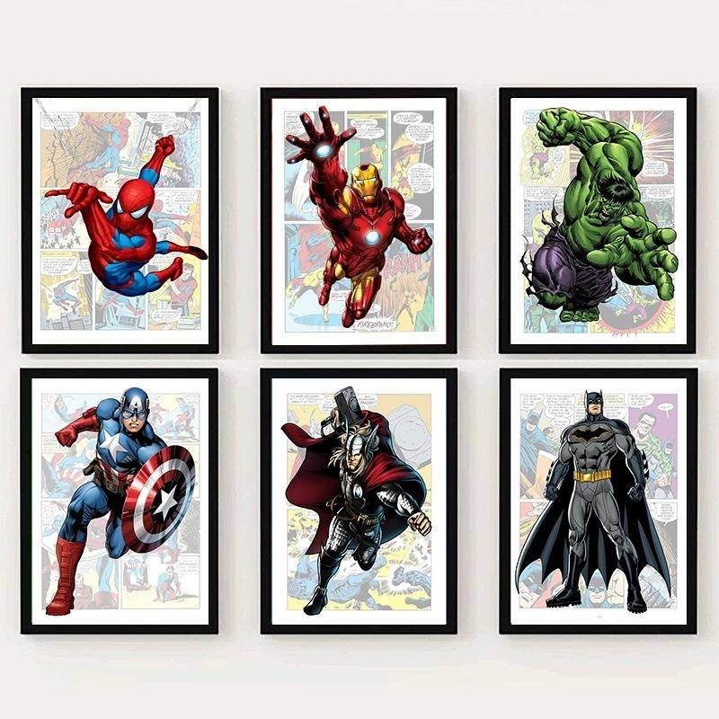 Avengers การ์ตูนผ้าใบโปสเตอร์ Spider Man กัปตันอเมริกาผ้าใบภาพวาดพิมพ์ Wall Art ห้องนั่งเล่นตกแต่งห้องนอนภาพวาด Superheroes ราคา ถูกที่สุด ดีลบีเคเค