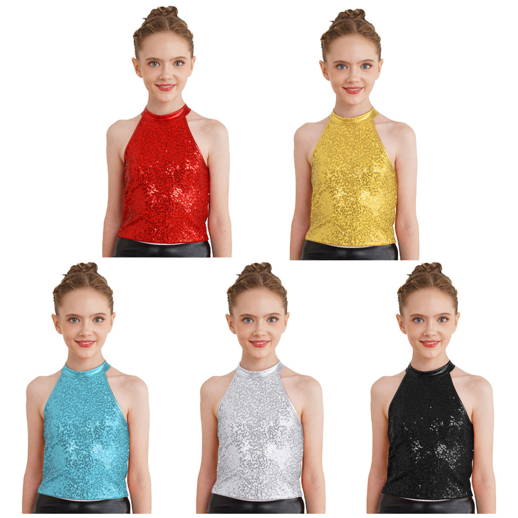 เด็กผู้หญิง Sparkly เลื่อม Halter Crop Tops แขนกุดเสื้อกั๊กเปลือยสําหรับเชียร์ลีดเดอร์แจ๊สแดนซ์ยิมนาสติก