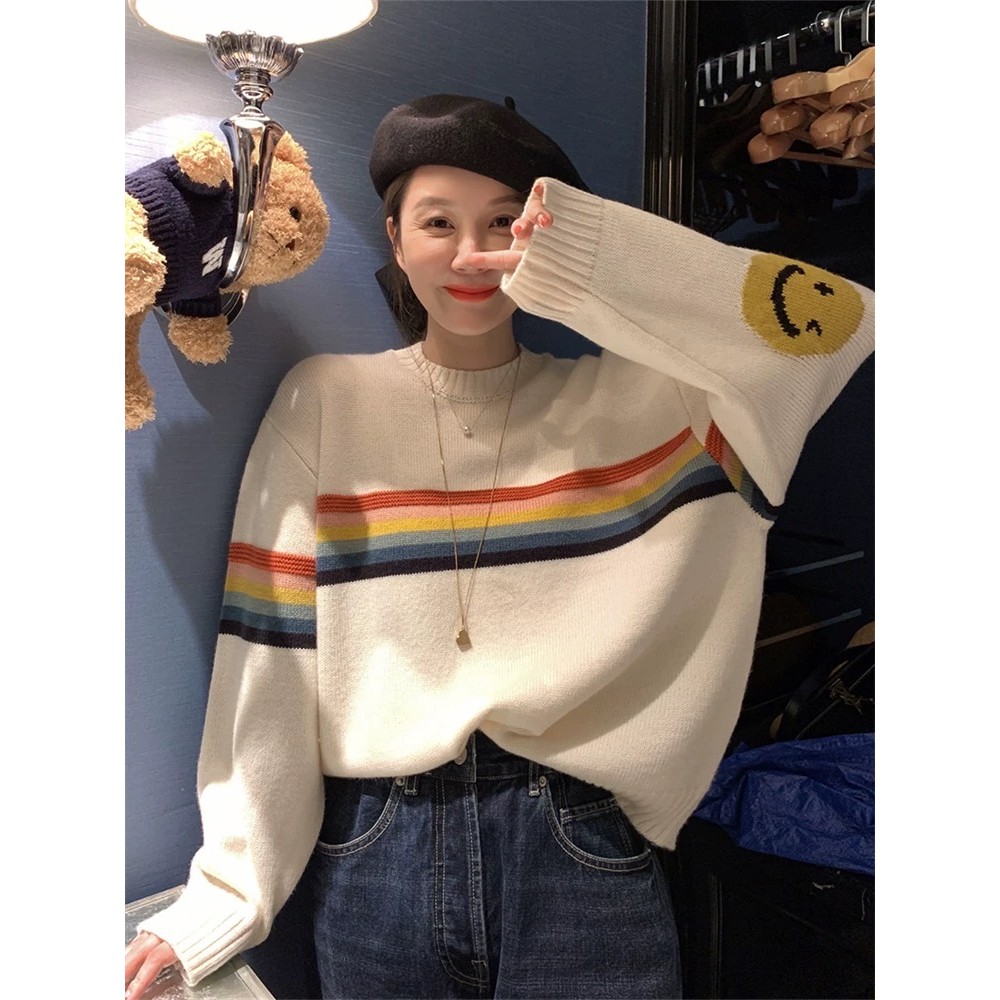 Libelin sisy เสื้อสเวตเตอร์หน้ายิ้มลดอายุผีม้าคอกลมเสื้อสเวตเตอร์เสื้อสวมหัวสีตัดกันทุกชุดต้นฤดูใบไม้ร่วง