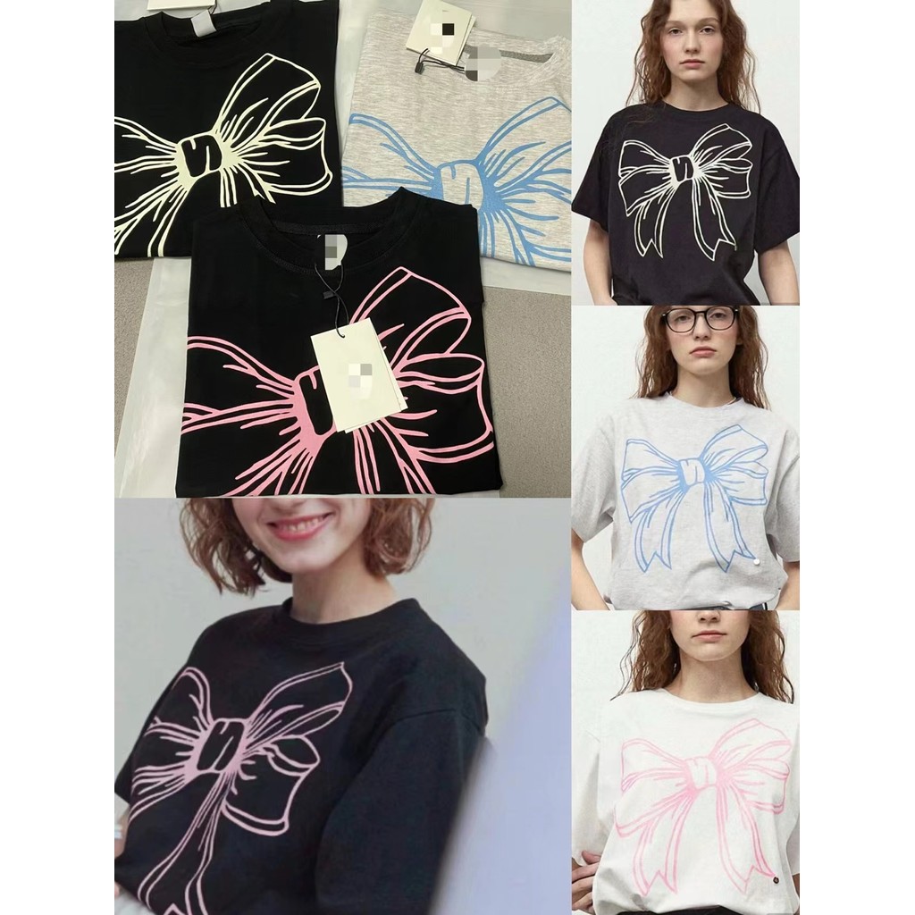 🔥โบว์ใหญ่สไตล์เกาหลี 🎀 เสื้อยืดแขนสั้นพิมพ์ลายทรงหลวมอินสาวน่ารัก